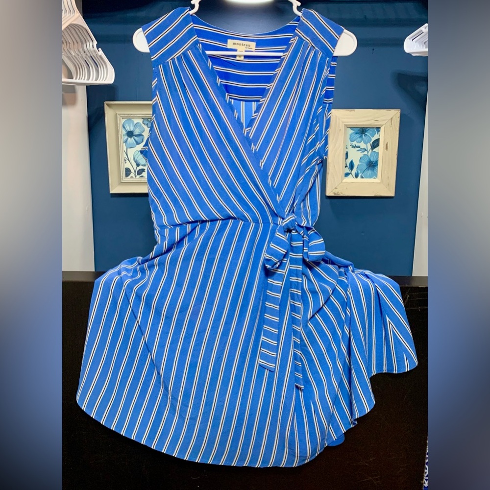 Monteau Blue and White Embellished Buttoned Midi Sundress